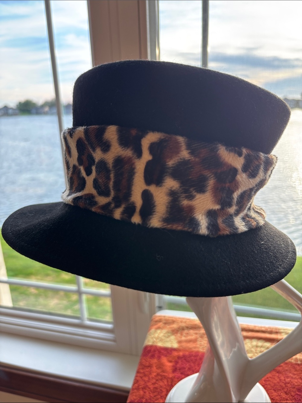August Hats Black Wool Hat with Leopard Print Band